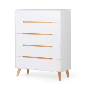 White dresser with wooden drawers and legs on a white background