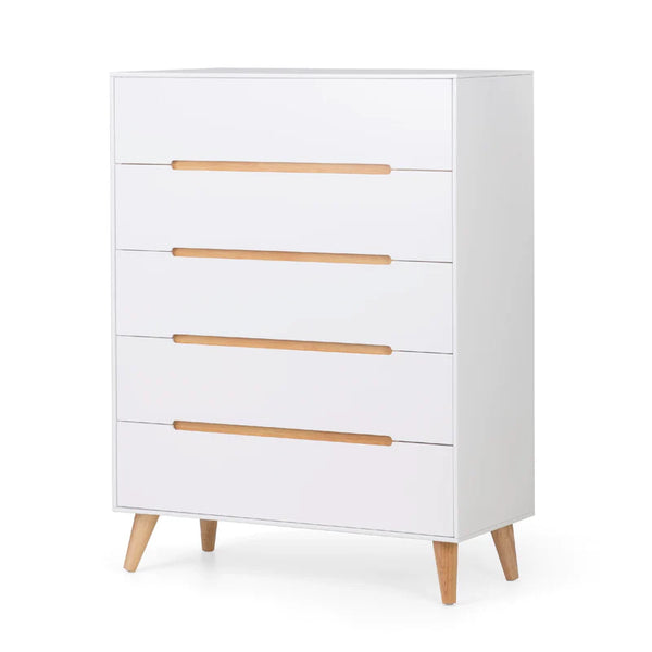 White dresser with wooden drawers and legs on a white background