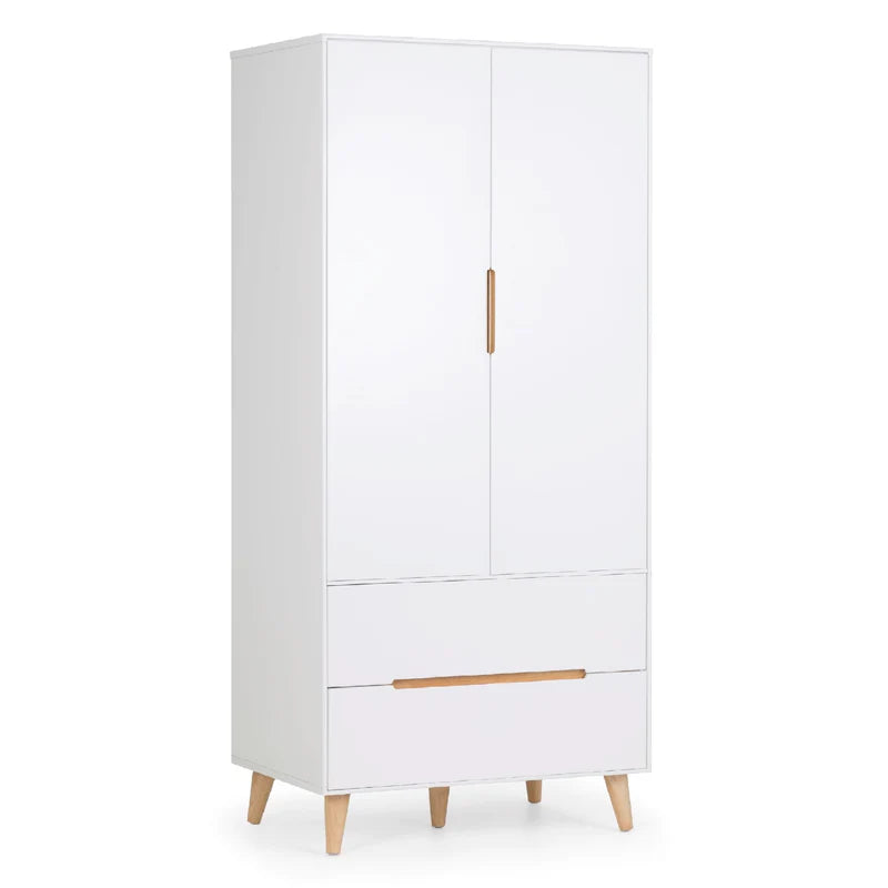 White wardrobe with wooden accents on a white background