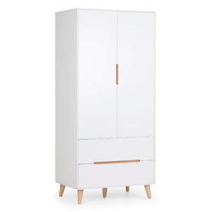 White wardrobe with wooden accents on a white background