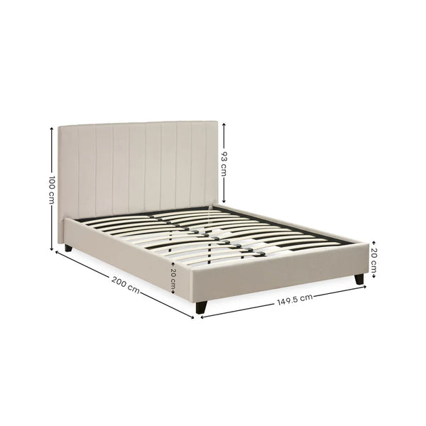 Beige bed frame with dimensions labeled on a white background