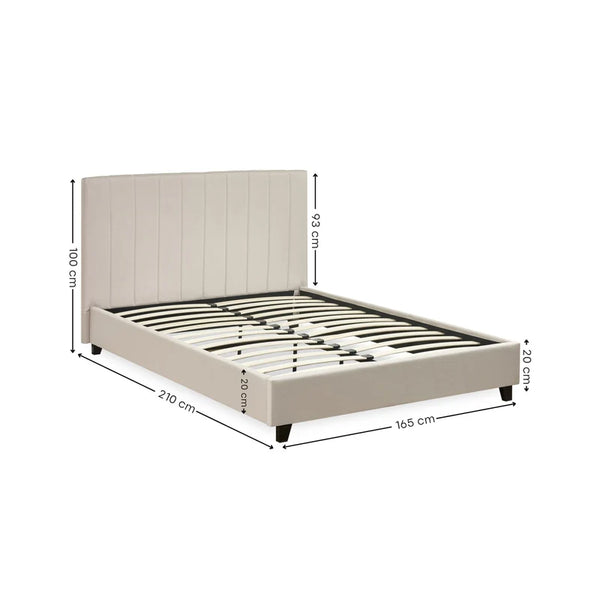 Beige bed frame with dimensions labeled on a white background