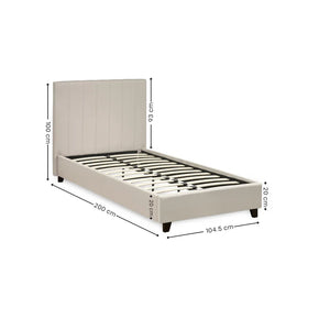 Beige upholstered bed with dimensions marked on a white background