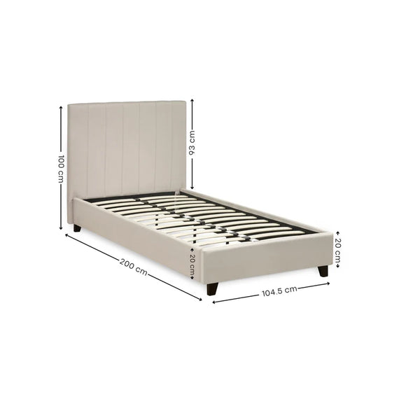 Beige upholstered bed with dimensions marked on a white background