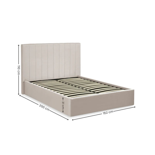 Beige bed frame with dimensions on a white background