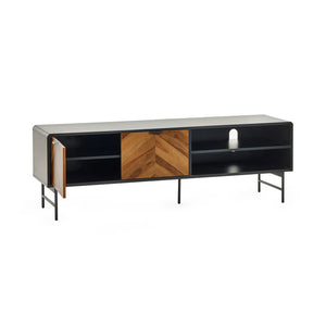 Modern TV stand with wooden and black design on a white background