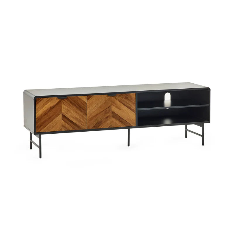 Modern TV stand with wooden and black design on a white background
