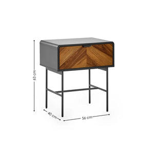 Side table with wooden drawer and dimensions on a white background
