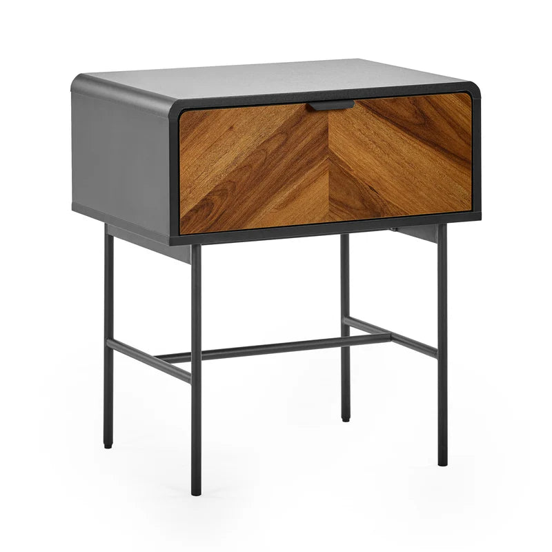 Side table with wooden drawer and gray top on a white background