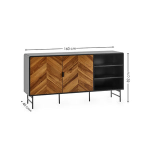 Furniture piece with wooden chevron pattern doors and black shelves, shown with dimensions on a white background.