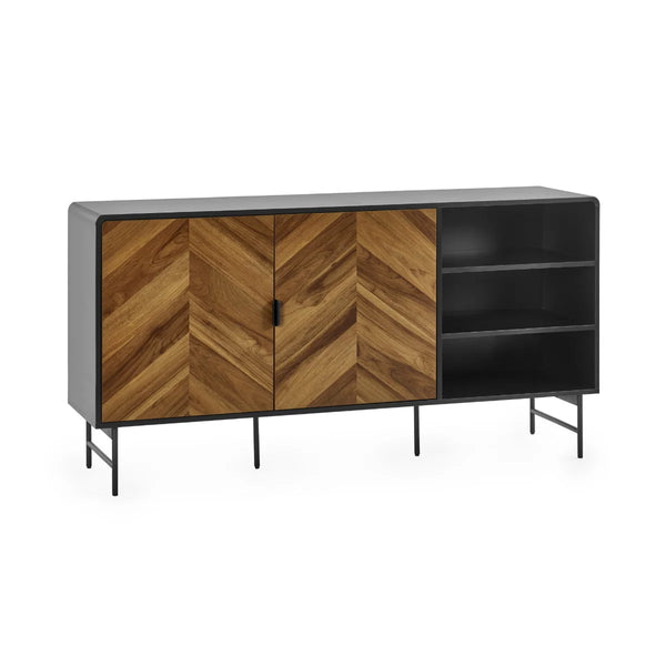 Wooden sideboard with chevron pattern and black accents on a white background