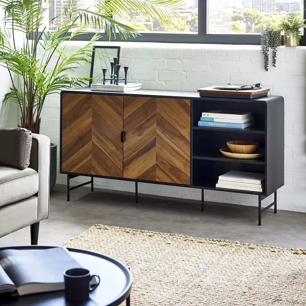 Wooden sideboard with chevron pattern and black accents on a white background