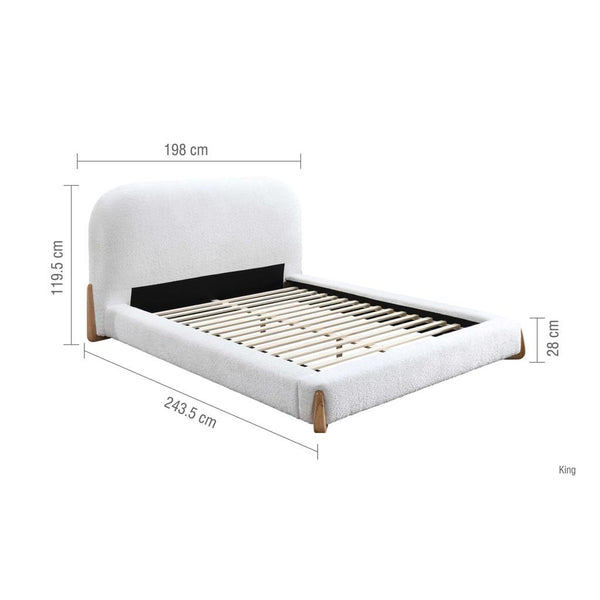 White bed frame with dimensions on a white background