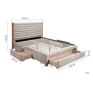 Beige bed with storage drawers and dimensions on a white background