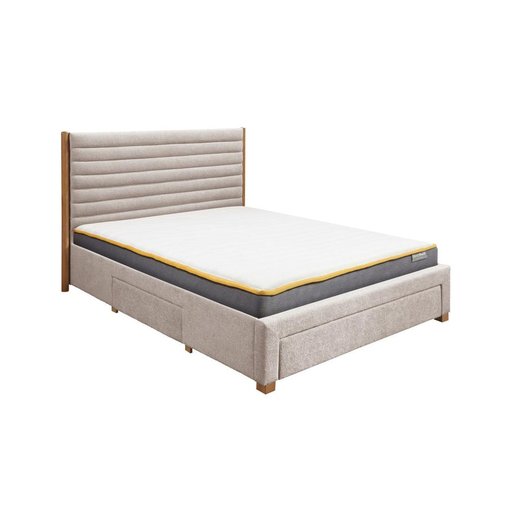 Beige upholstered bed with mattress on a white background