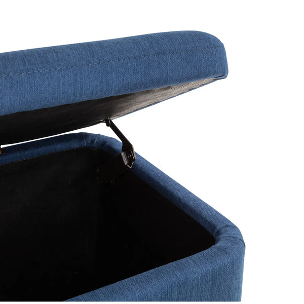 Aniston blue upholstered blanket box open detail white background