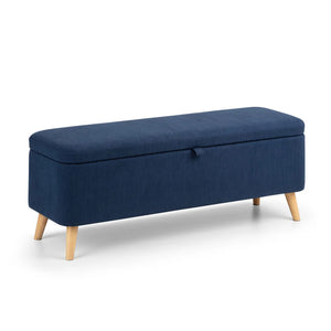 Navy blue storage bench with wooden legs on a white background