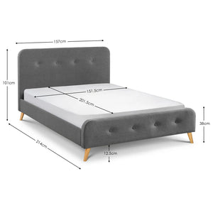 Gray upholstered bed with dimensions marked on a white background