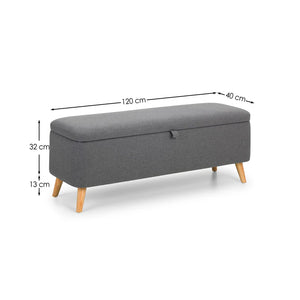Gray storage bench with dimensions labeled on a white background