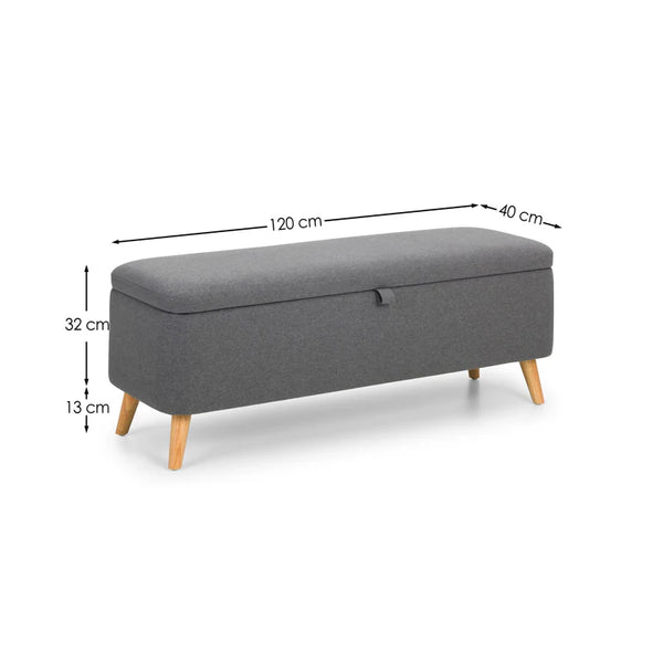Gray storage bench with dimensions labeled on a white background