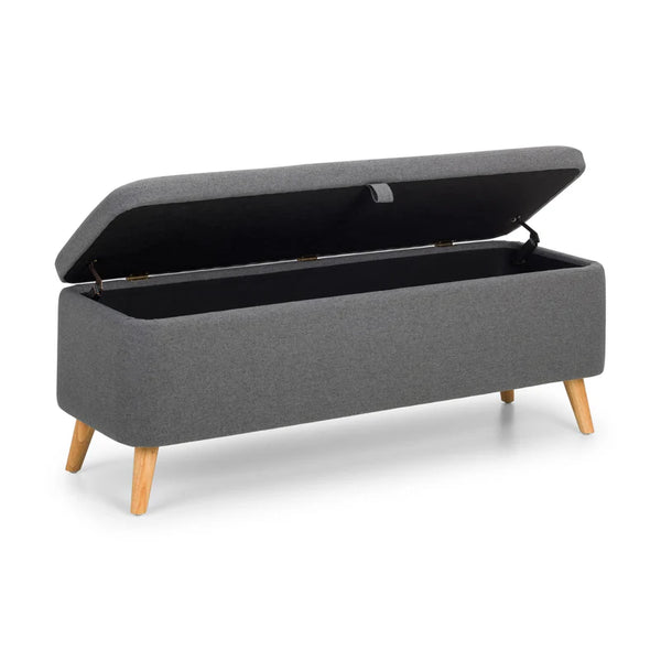 Gray storage bench with open lid on a white background