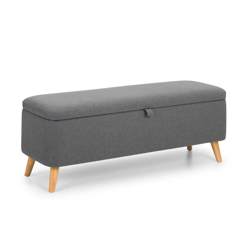 Gray storage bench with wooden legs on a white background