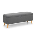 Gray storage bench with wooden legs on a white background