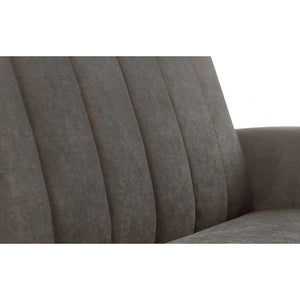 Gray upholstered chair with a striped pattern on a white background