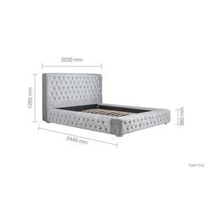 Gray upholstered bed with dimensions on a white background