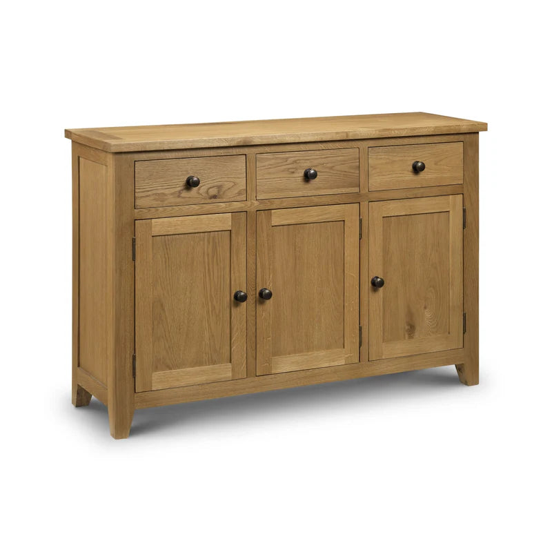 Wooden sideboard with three doors and three drawers on a white background