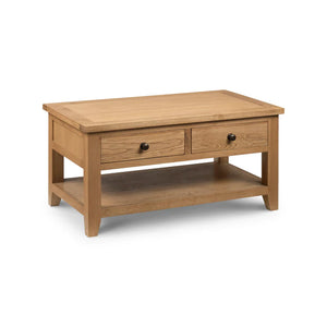 Wooden coffee table with two drawers on a white background