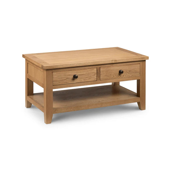 Wooden coffee table with two drawers on a white background