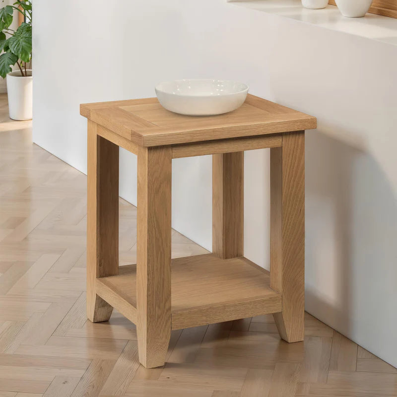 Wooden side table on a white background