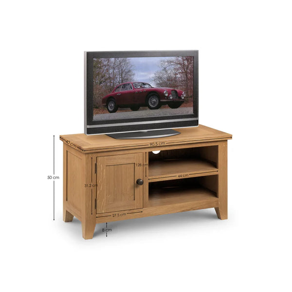 Wooden TV stand with a television displaying a car on a white background