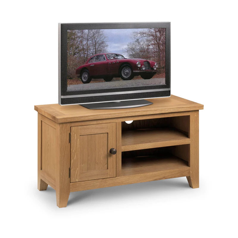 Wooden TV stand with a television displaying a car on a white background