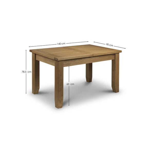 Wooden dining table with dimensions labeled on a white background