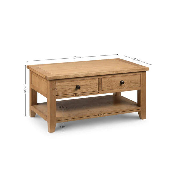Wooden coffee table with dimensions on a white background