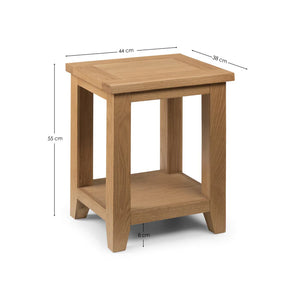 Wooden side table with dimensions on a white background