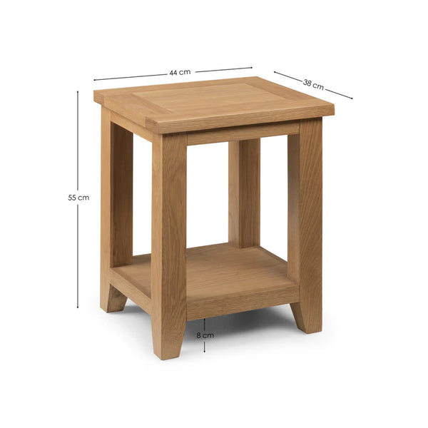 Wooden side table with dimensions on a white background