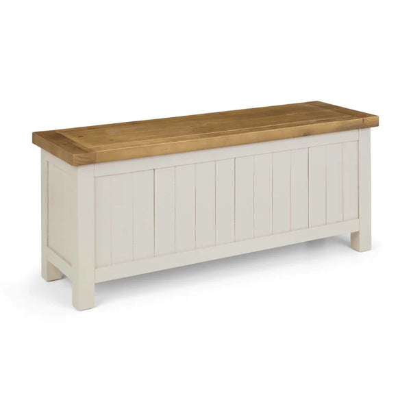 White storage bench with a wooden top on a white background
