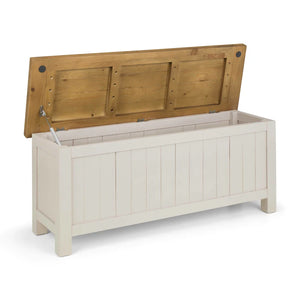 Wooden storage bench with a white base and wooden lid on a white background