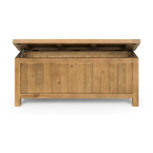 Wooden storage bench with open lid on a white background