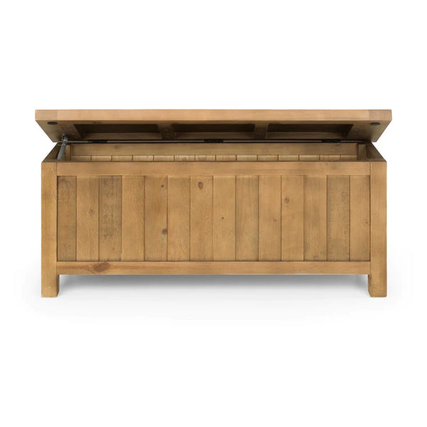 Wooden storage bench with open lid on a white background