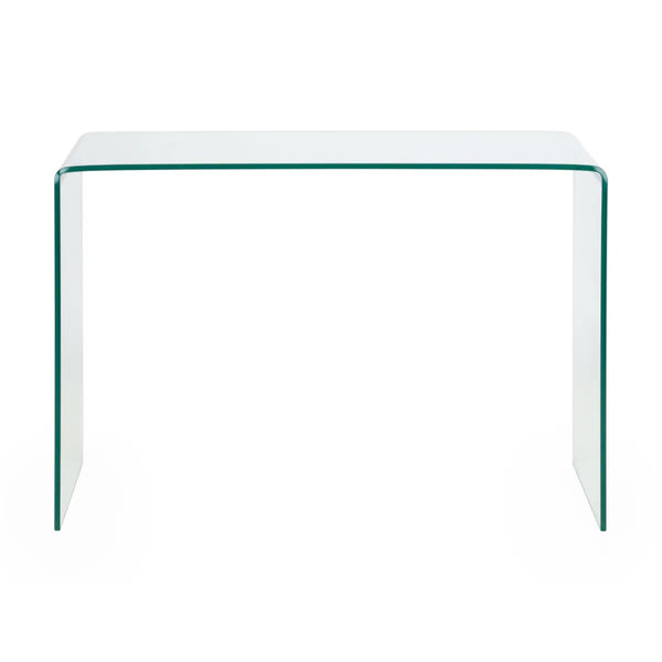 Clear glass side table on a white background