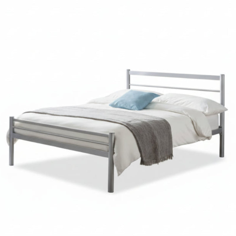 Modern bedroom with a metal bed, blue walls, and decorative elements.