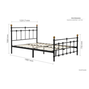 Dimensions of a black metal bed frame on a white background