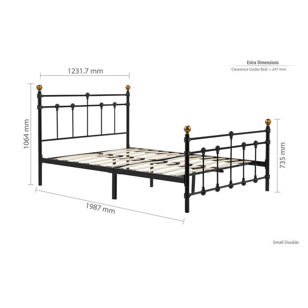 Dimensions of a black metal bed frame on a white background