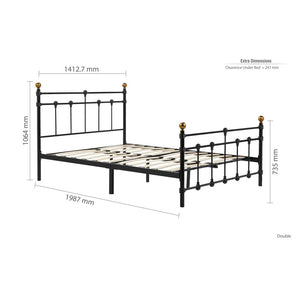Dimensions of a black metal bed frame on a white background