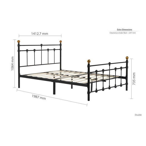 Dimensions of a black metal bed frame on a white background
