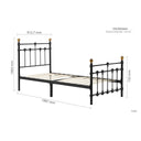 Black metal bed frame with dimensions on a white background